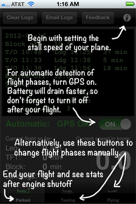 Screenshot of launch screen explaining how to manually measure block time and true flight time