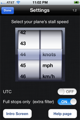 Screenshot of settings page where users can set the stall speed of their plane